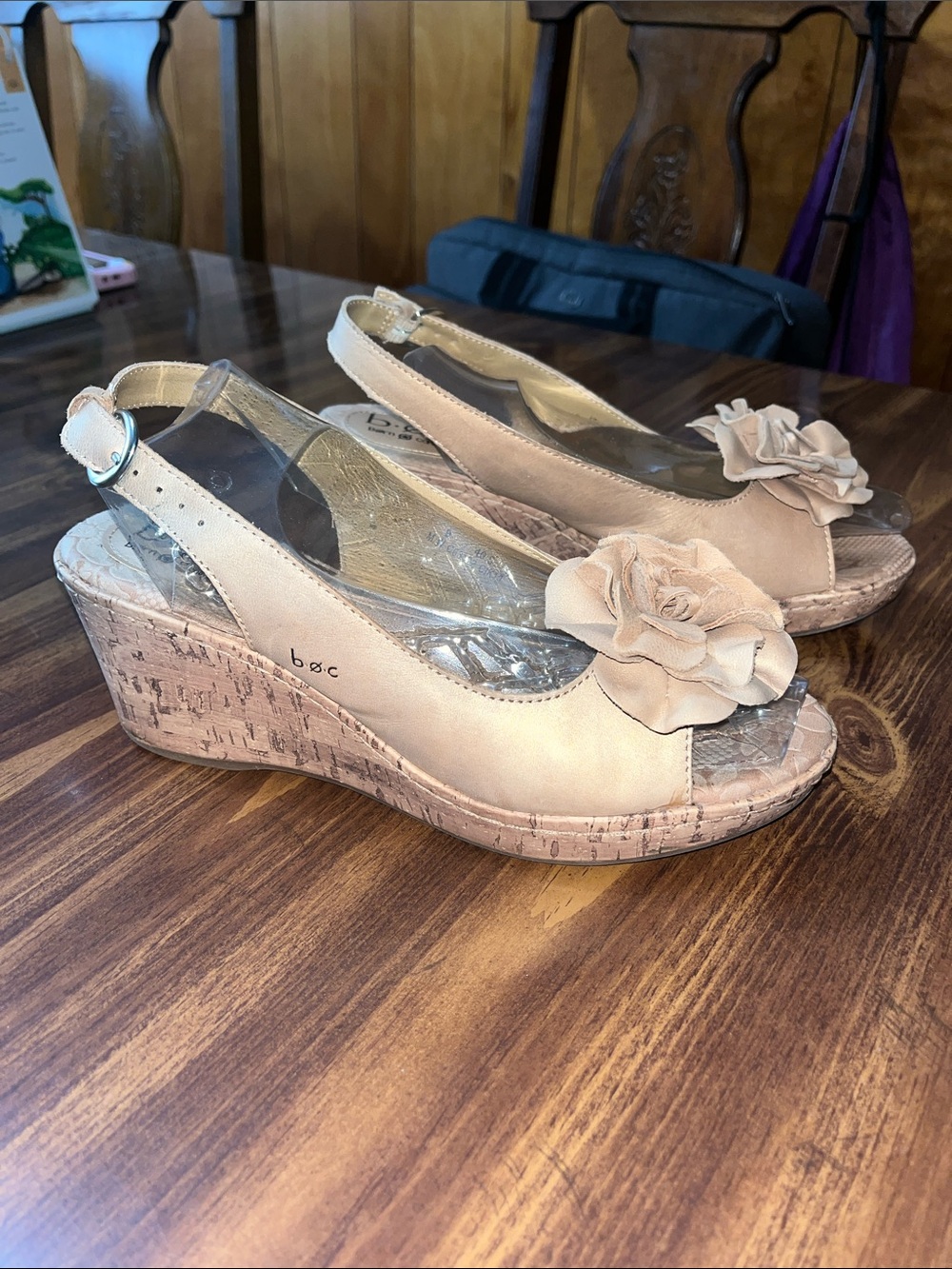 b.o.c. Nude Beige Floral Slingback Cork Wedges size 9